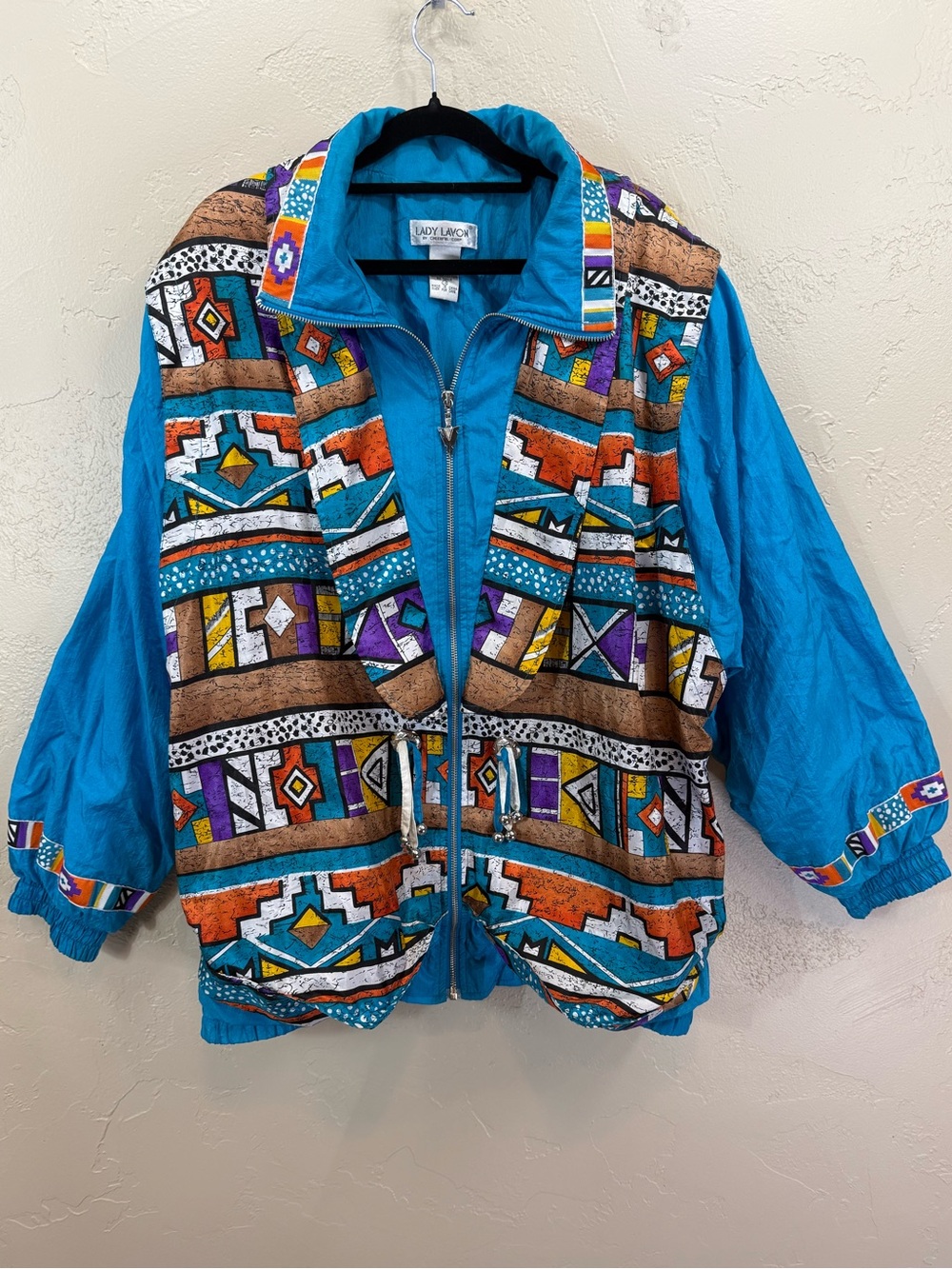 Lady Lavon VTG Retro 80s Turquoise Southwestern Print Windbreaker Jacket Size 1X